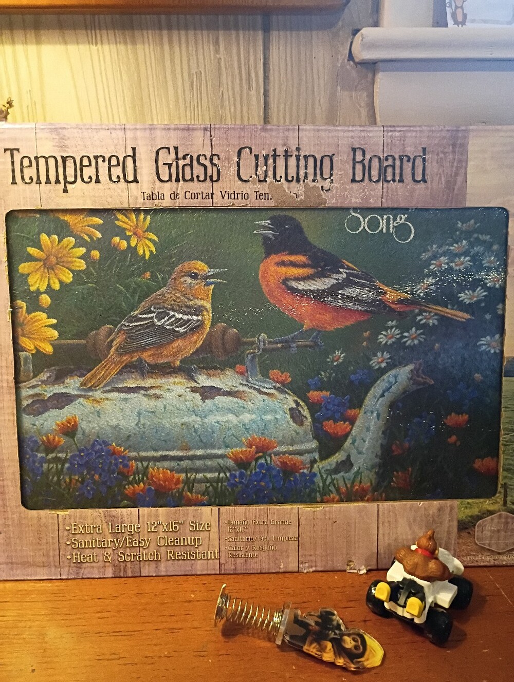Tempered Glass Cutting Board - Song Birds on Teapot - Green/Orange/Yellow